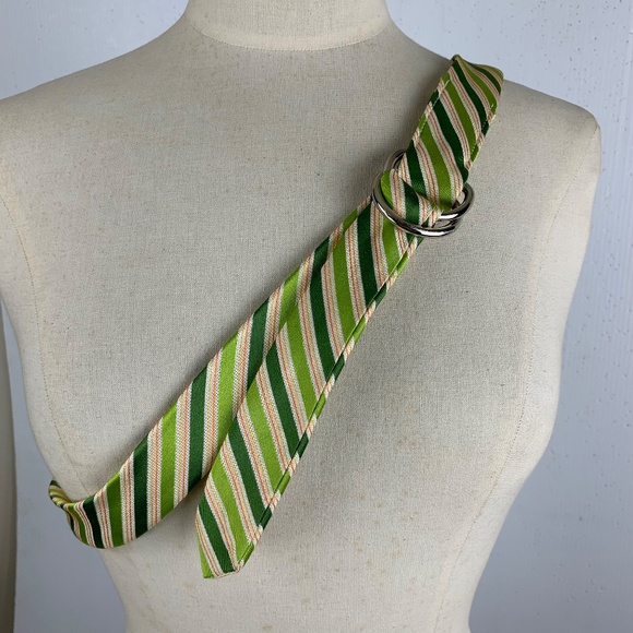 J Crew Silk Fabric Belt M L Green Pink Diagonal Stripes D Ring Slide Excellent - Picture 4 of 11